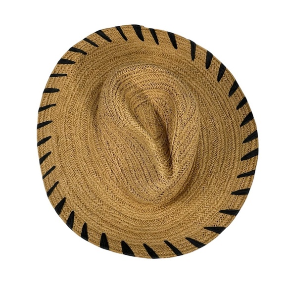Summer Wide Brim Sun Beach Hat Paper yarn/Polyester Tan with Black Woven Detail - Picture 3 of 6